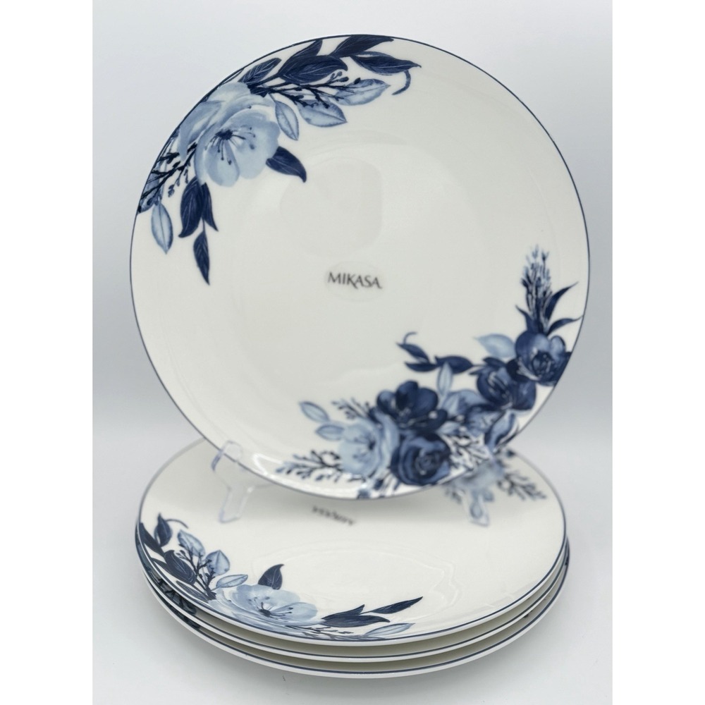 4 Mikasa Darcy Dinner Plates Blue Florals, Blue Trim on White Bone China 11" New